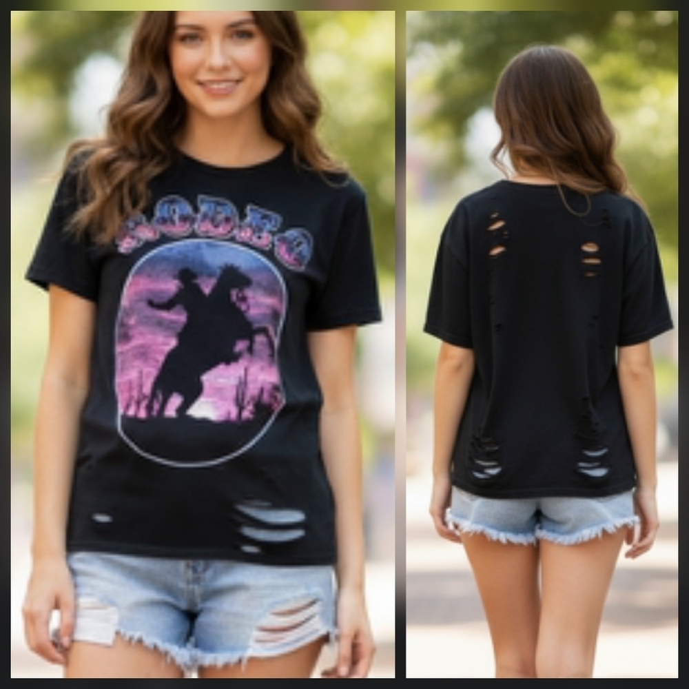 RODEO Distressed Graphic TShirt Black Size S